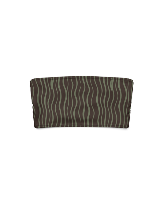 Slow Tide Riviera Recycled Bandeau Bikini Top in deep brown and sage wave print