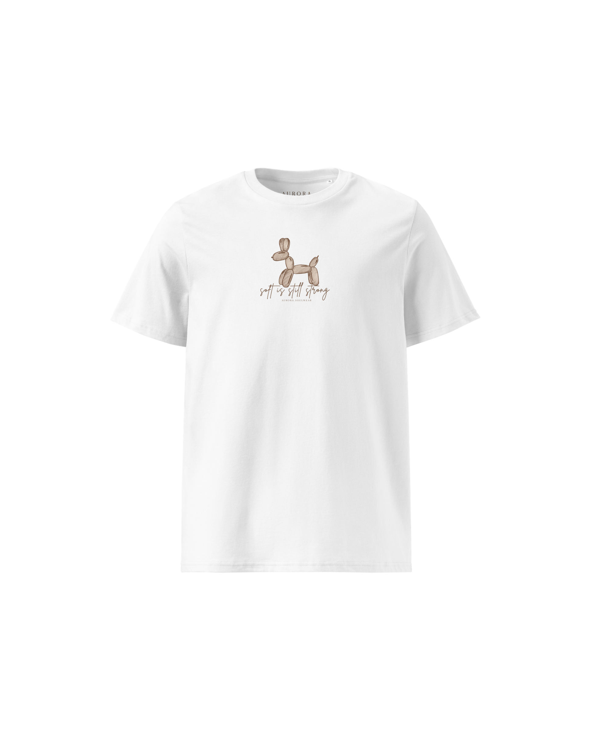 Soft Organic Cotton T-shirt in white with hand-drawn balloon dog and Soft Is Still Strong front print