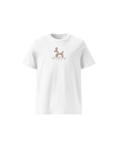 Soft Organic Cotton T-shirt in white with hand-drawn balloon dog and Soft Is Still Strong front print