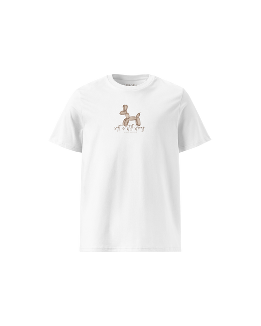 Soft Organic Cotton T-shirt in white with hand-drawn balloon dog and Soft Is Still Strong front print