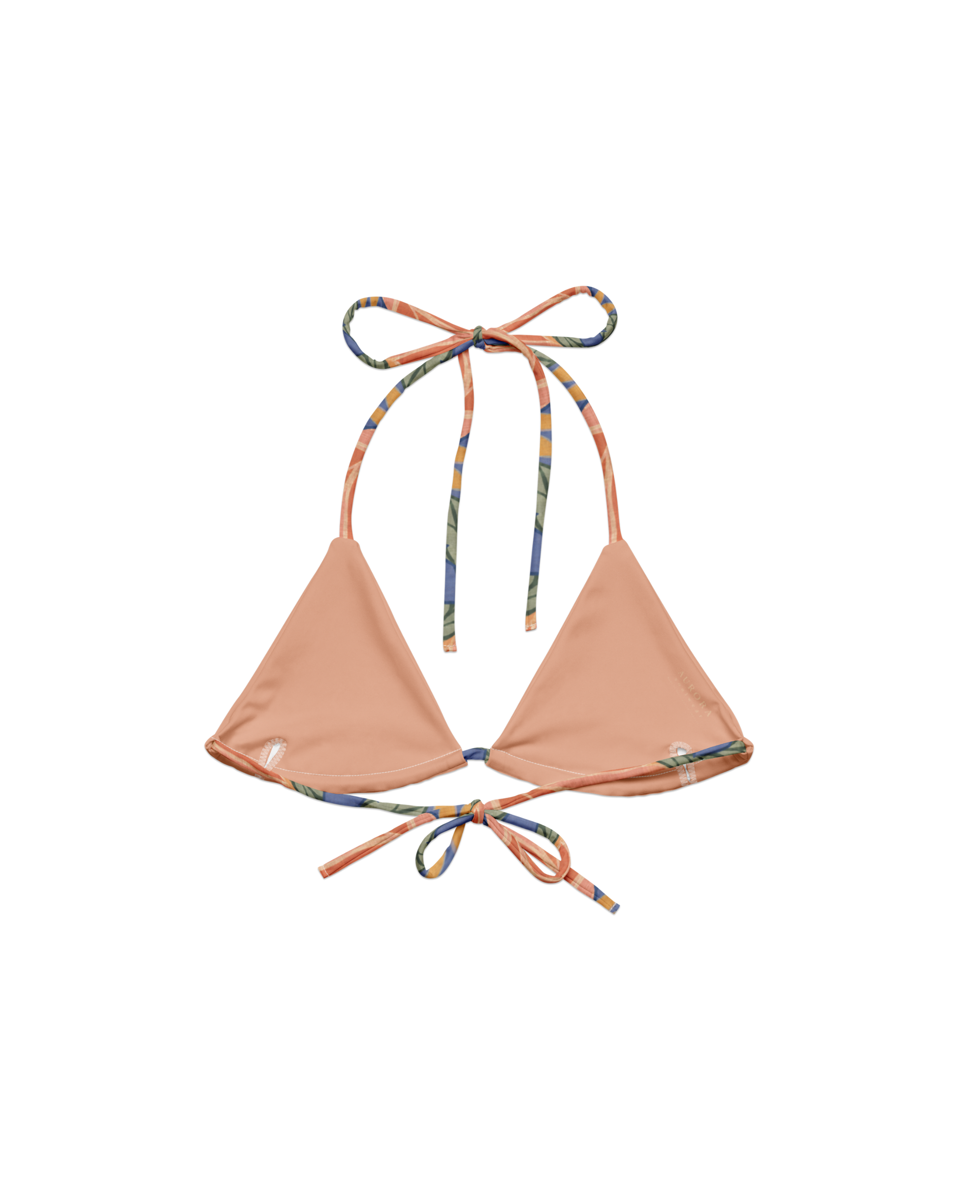 Sol de Sal Lua Padded String Bikini Top in botanical print with terracotta, blue, sage and gold