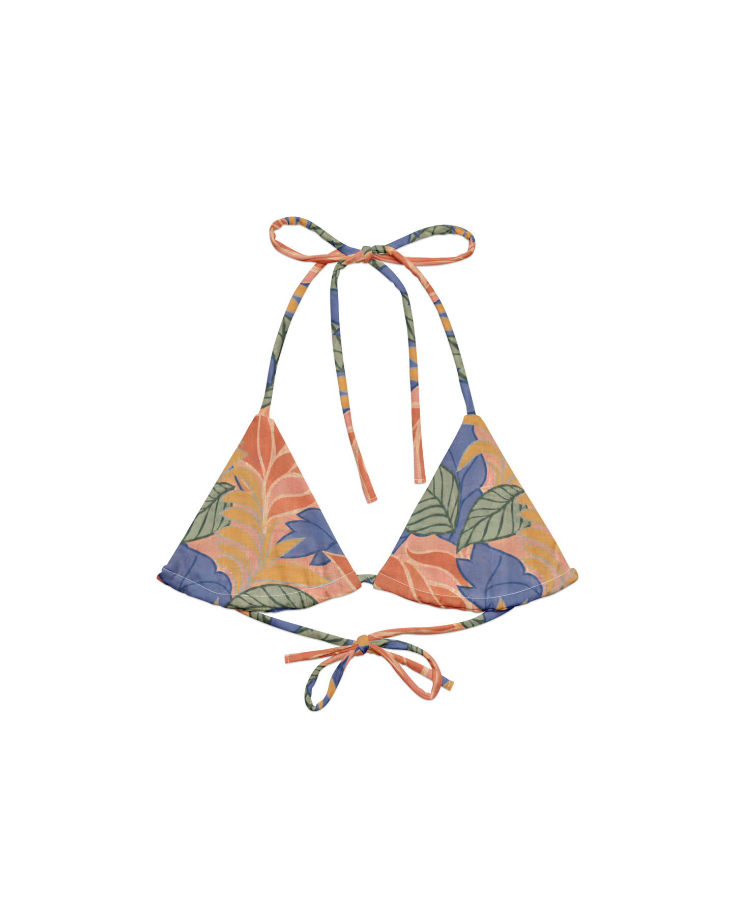 Sol de Sal Lua Padded String Bikini Top in botanical print with terracotta, blue, sage and gold