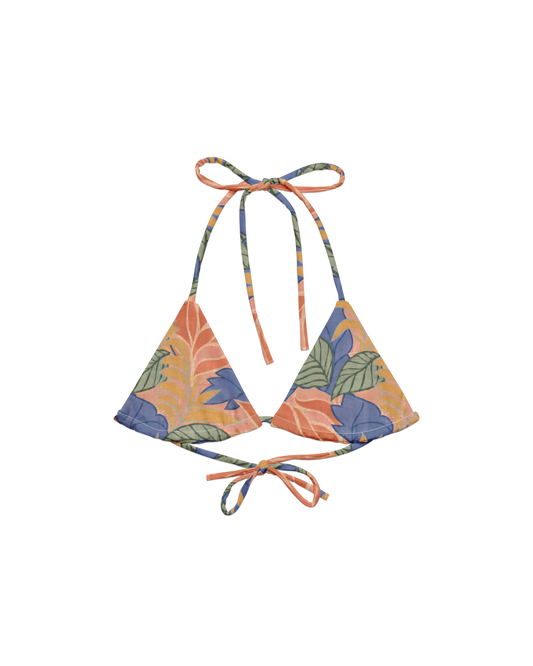 Sol de Sal Lua Padded String Bikini Top in botanical print with terracotta, blue, sage and gold