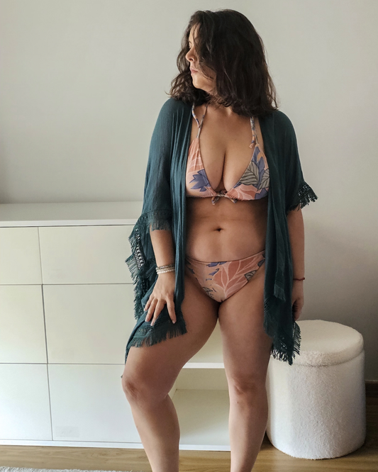 Sol de Sal Lua Padded String Bikini Top in botanical print with terracotta, blue, sage and gold