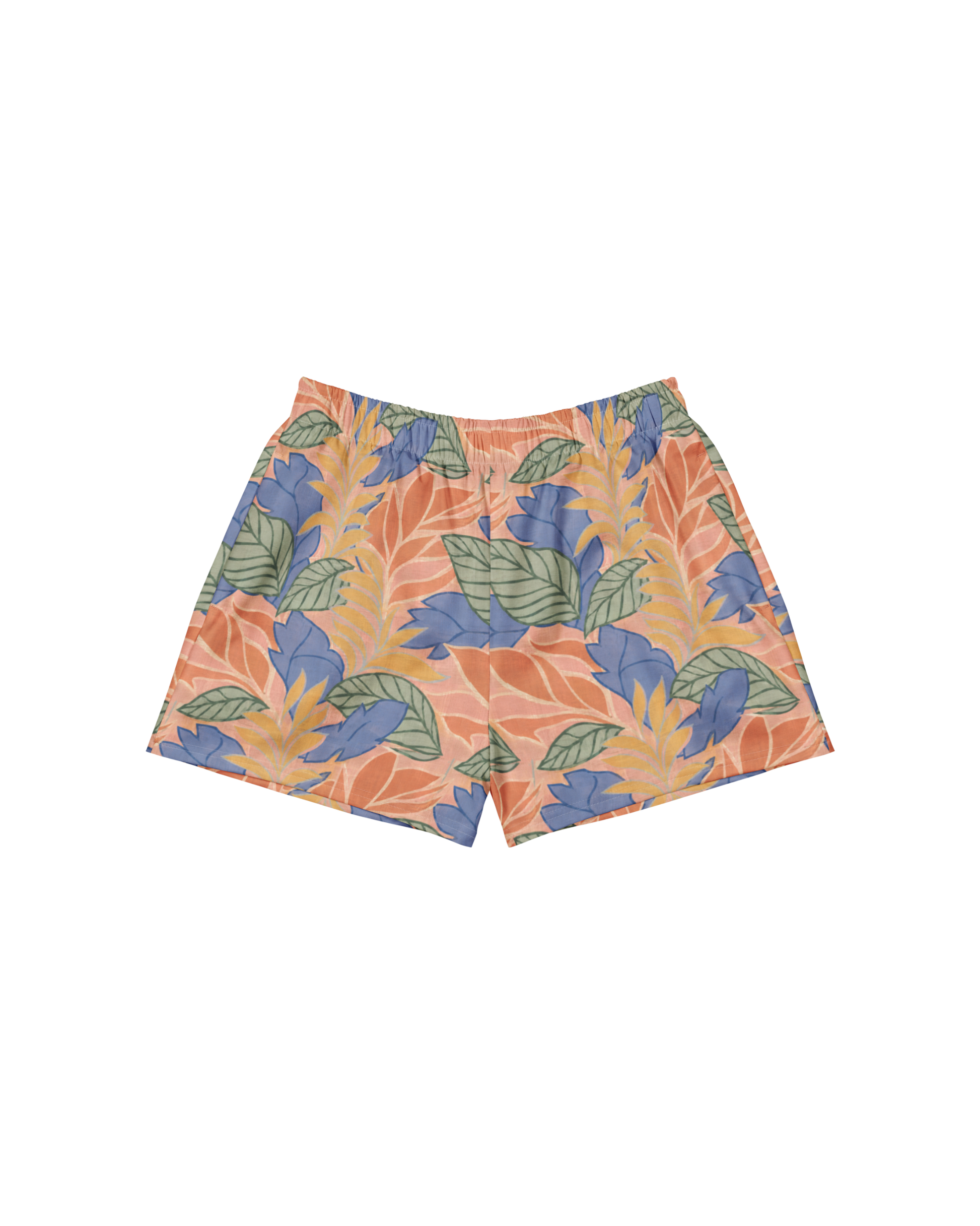 Sol de Sal Recycled Athletic Shorts in botanical print with terracotta, blue, sage and gold