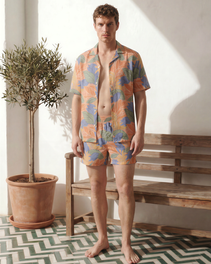 Sol de Sal Recycled Athletic Shorts in botanical print with terracotta, blue, sage and gold