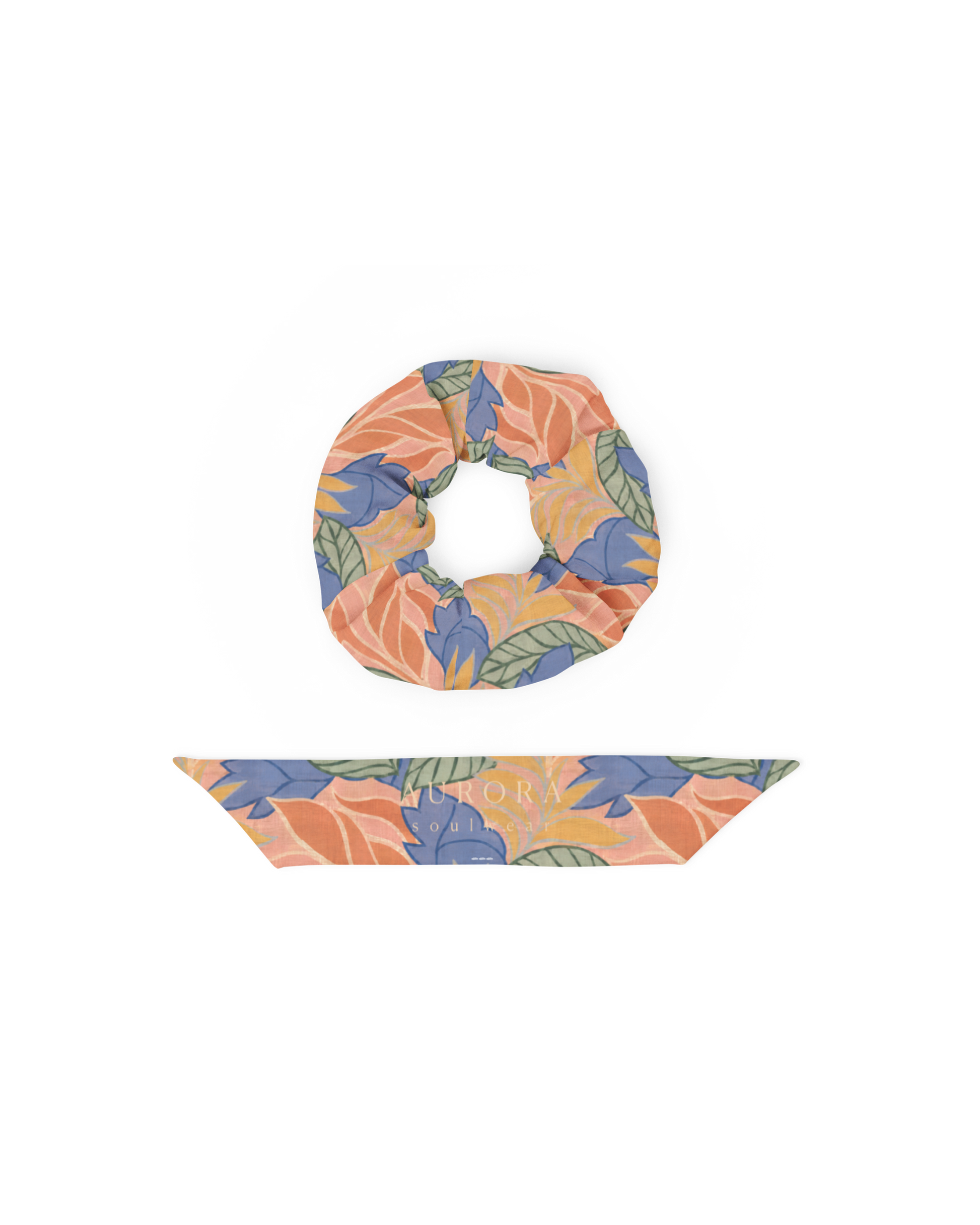 Sol de Sal Recycled Scrunchie in botanical print with terracotta, blue, sage and gold