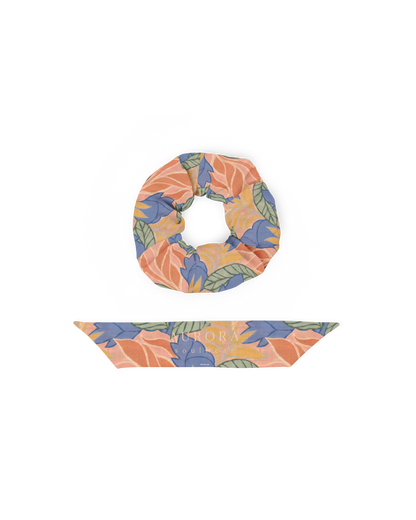 Sol de Sal Recycled Scrunchie in botanical print with terracotta, blue, sage and gold