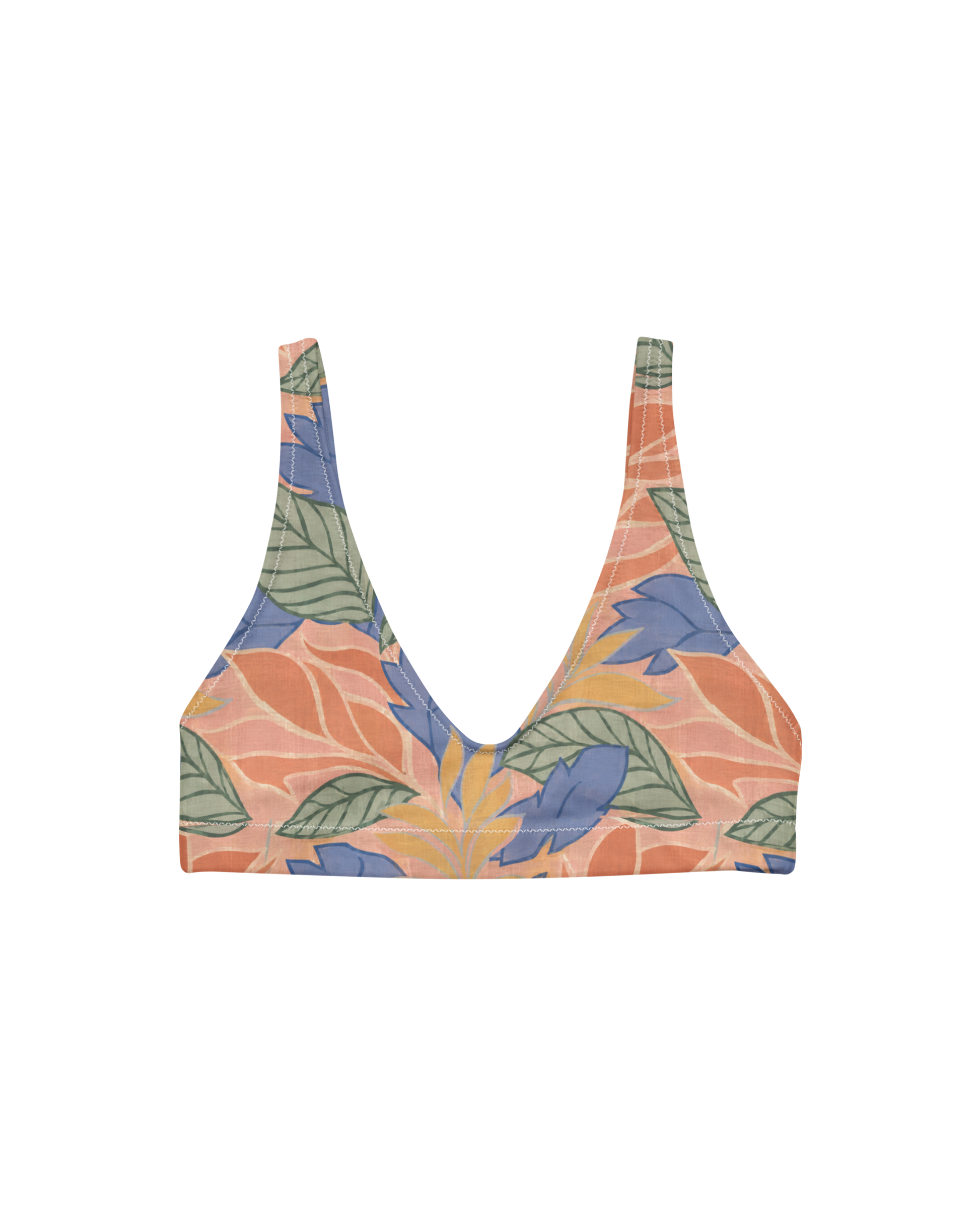 Sol de Sal Sienna Padded Bikini Top in botanical print with terracotta, blue, sage and gold