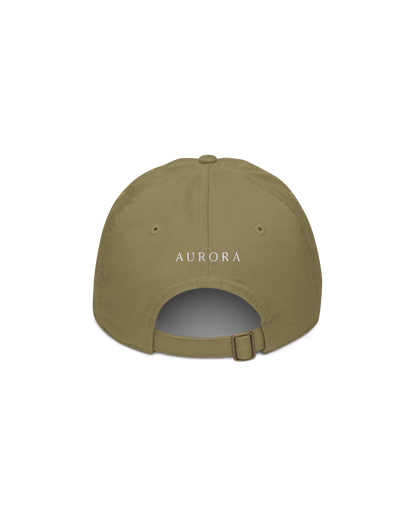 Time Organic Cap in jungle green with The Real Luxury Is Time front embroidery and Aurora Soulwear back embroidery