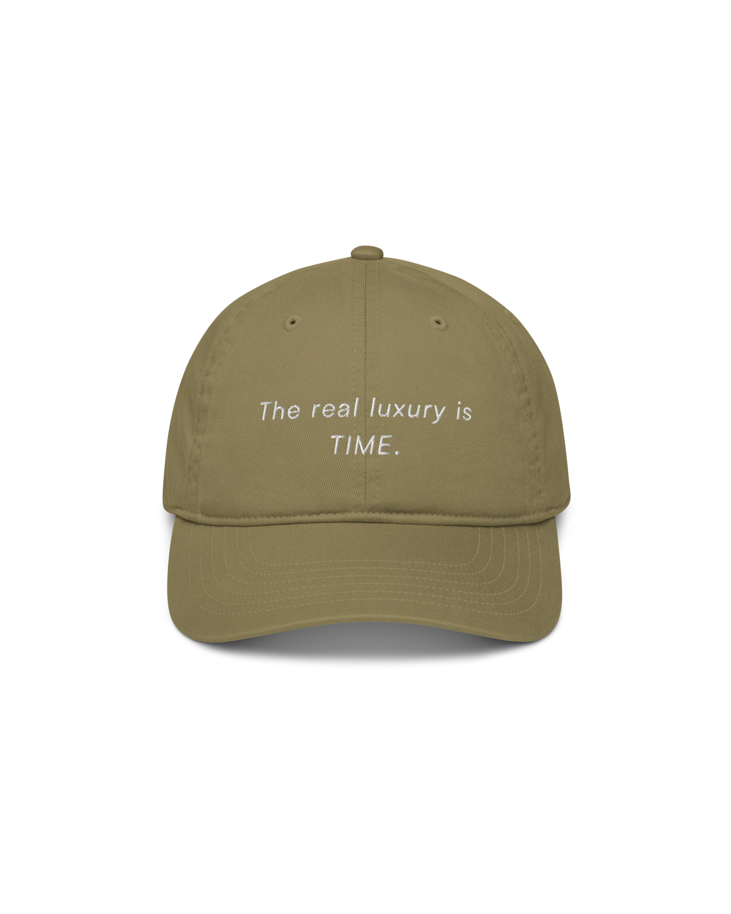 Time Organic Cap in jungle green with The Real Luxury Is Time front embroidery and Aurora Soulwear back embroidery