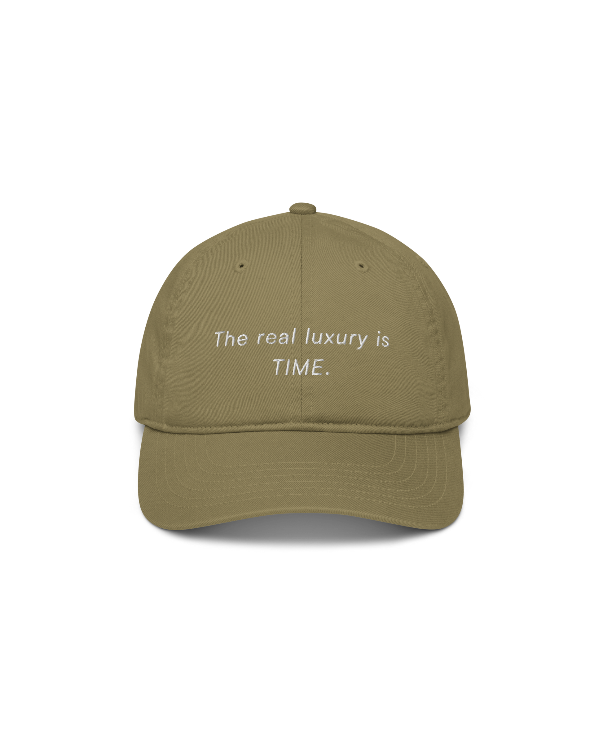 Time Organic Cap in jungle green with The Real Luxury Is Time front embroidery and Aurora Soulwear back embroidery