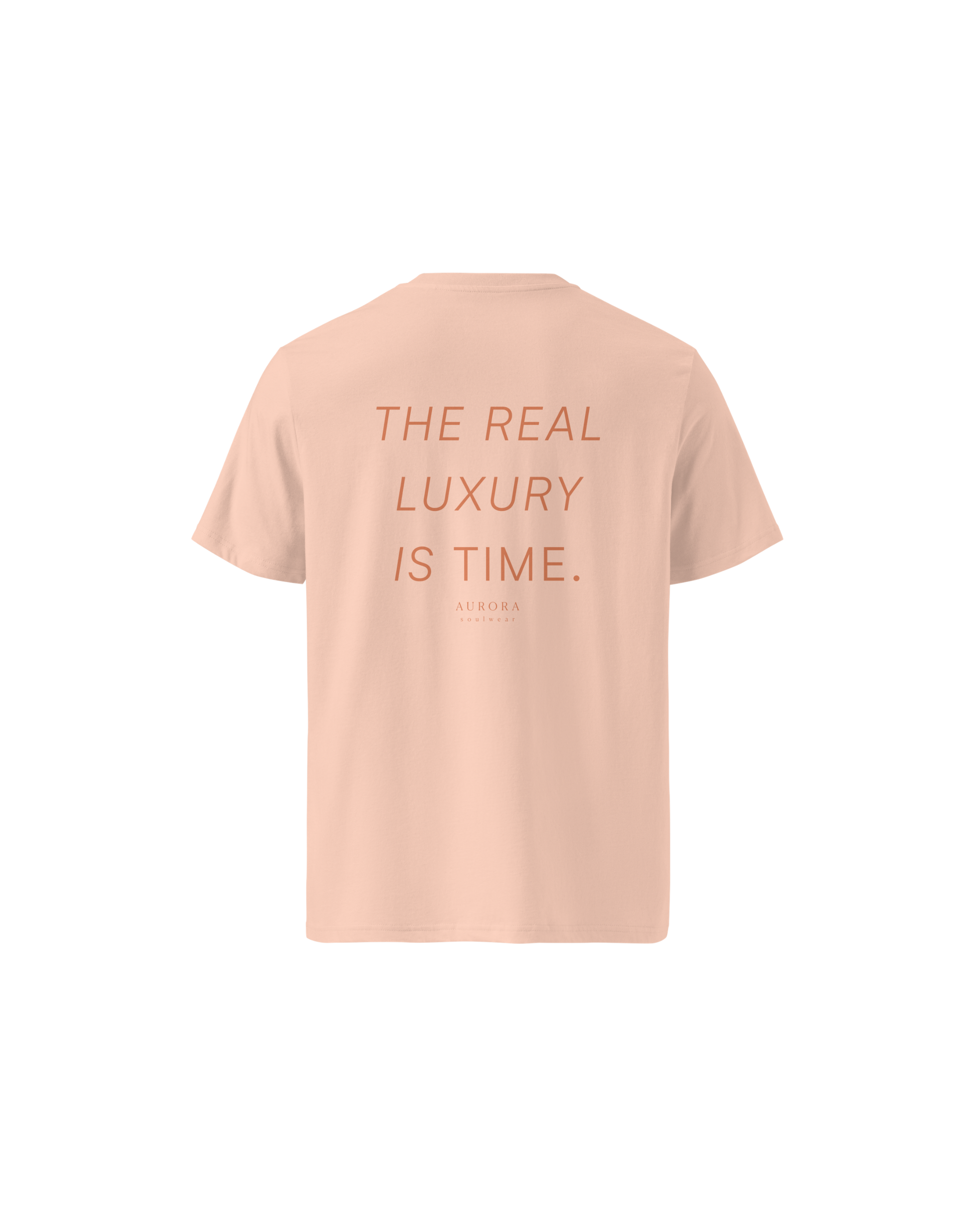 Time Organic Cotton T-shirt in peach with 'The Real Luxury Is Time' back print