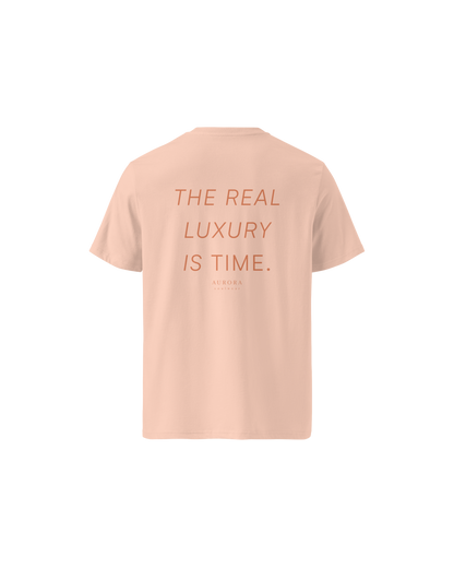 Time Organic Cotton T-shirt in peach with 'The Real Luxury Is Time' back print