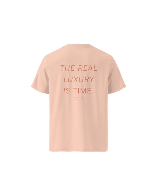 Time Organic Cotton T-shirt in peach with 'The Real Luxury Is Time' back print
