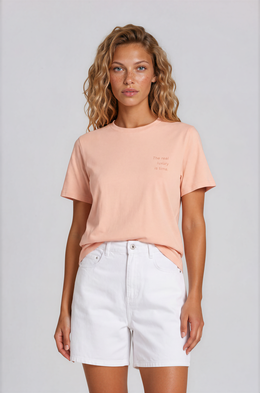 Time Organic Cotton T-shirt in peach with 'The Real Luxury Is Time' back print