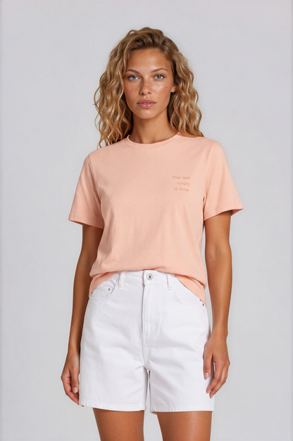 Time Organic Cotton T-shirt in peach with 'The Real Luxury Is Time' back print
