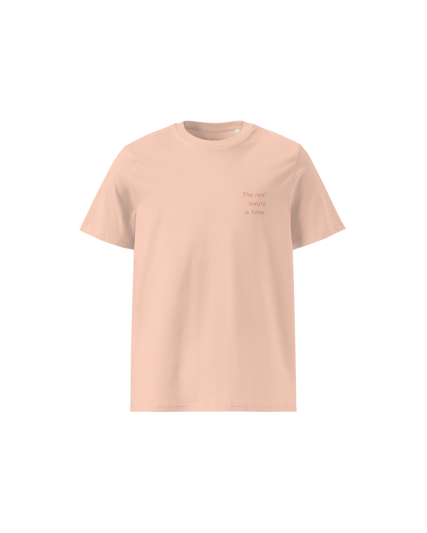 Time Organic Cotton T-shirt in peach with 'The Real Luxury Is Time' back print