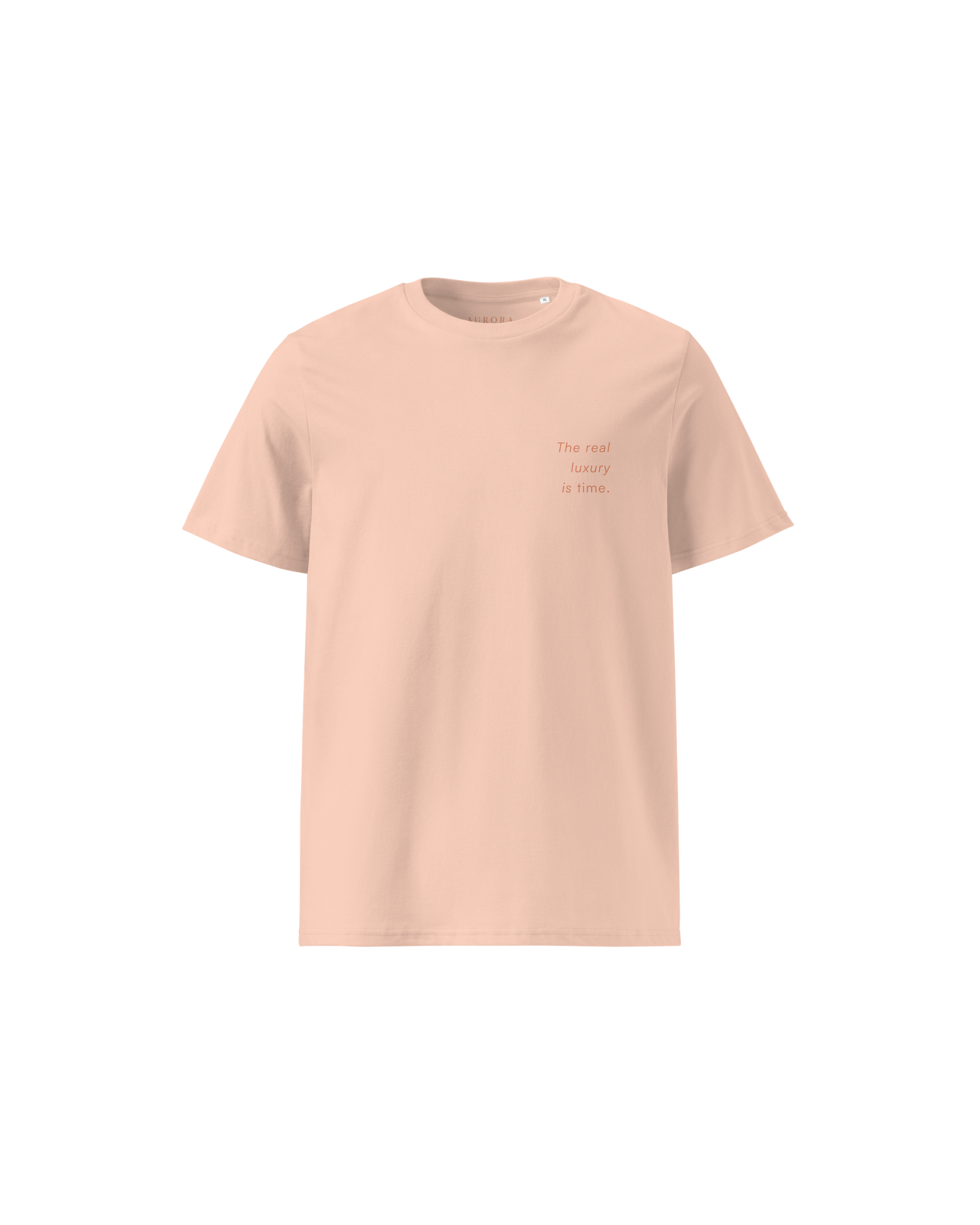Time Organic Cotton T-shirt in peach with 'The Real Luxury Is Time' back print