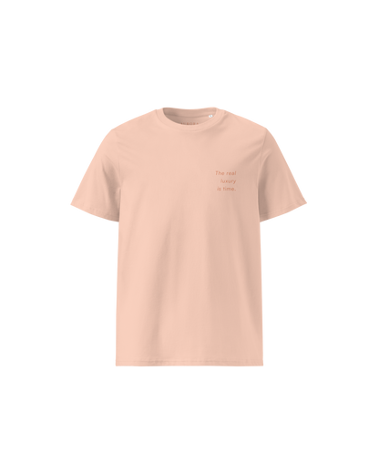 Time Organic Cotton T-shirt in peach with 'The Real Luxury Is Time' back print
