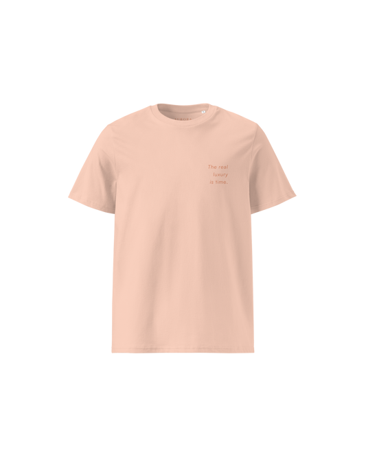 Time Organic Cotton T-shirt in peach with 'The Real Luxury Is Time' back print