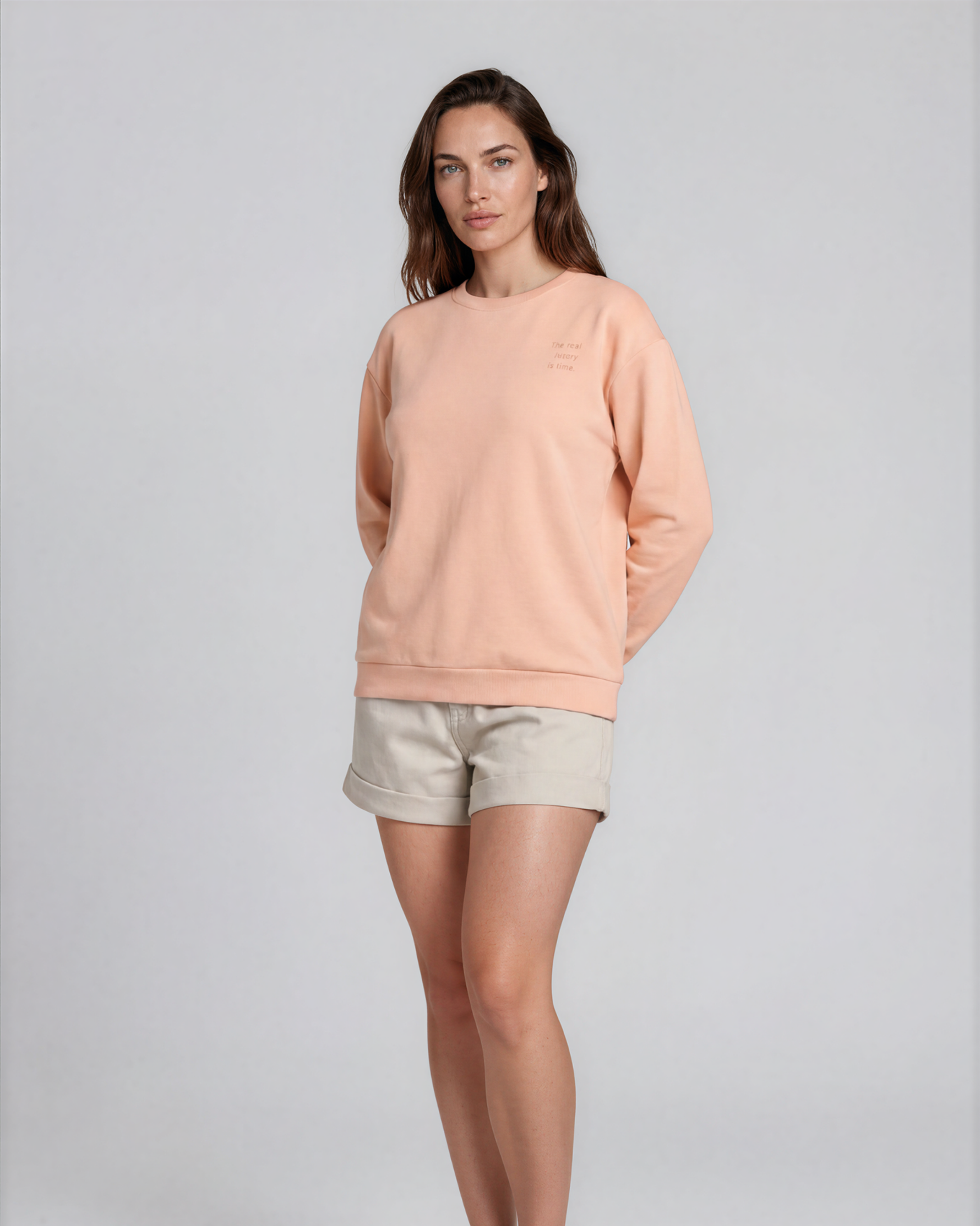Time Recycled Sweatshirt in peach with 'The Real Luxury Is Time' back print