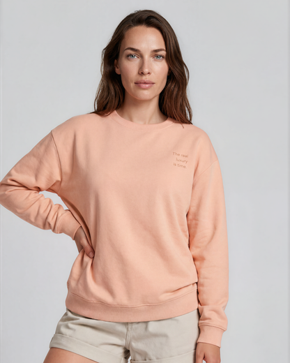 Time Recycled Sweatshirt in peach with 'The Real Luxury Is Time' back print