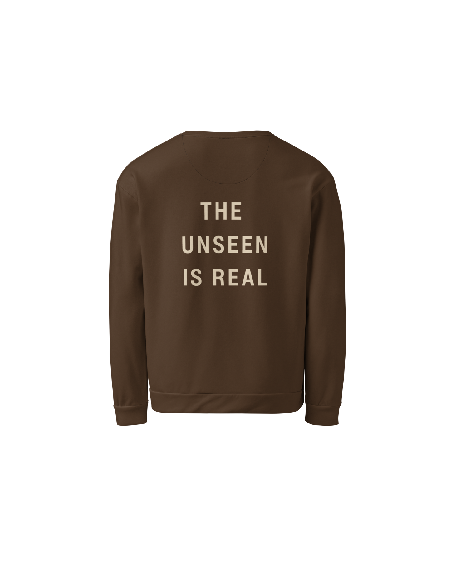 Unseen Recycled Sweater in chocolate brown with The Unseen Is Real back print
