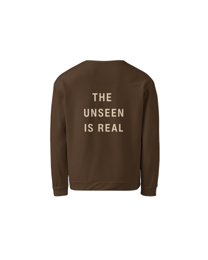 Unseen Recycled Sweater in chocolate brown with The Unseen Is Real back print