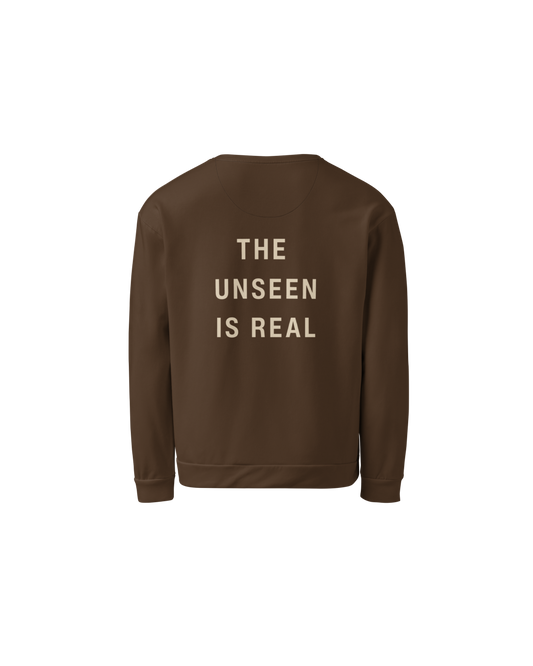 Unseen Recycled Sweater in chocolate brown with The Unseen Is Real back print