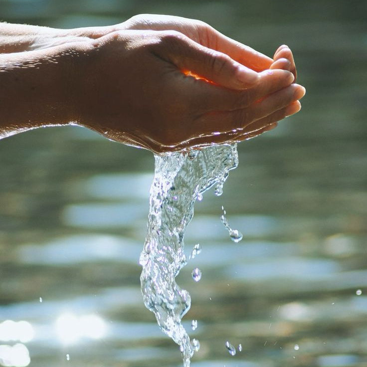 Two cupped hands lifting water from a sunlit stream, droplets falling back to the surface.