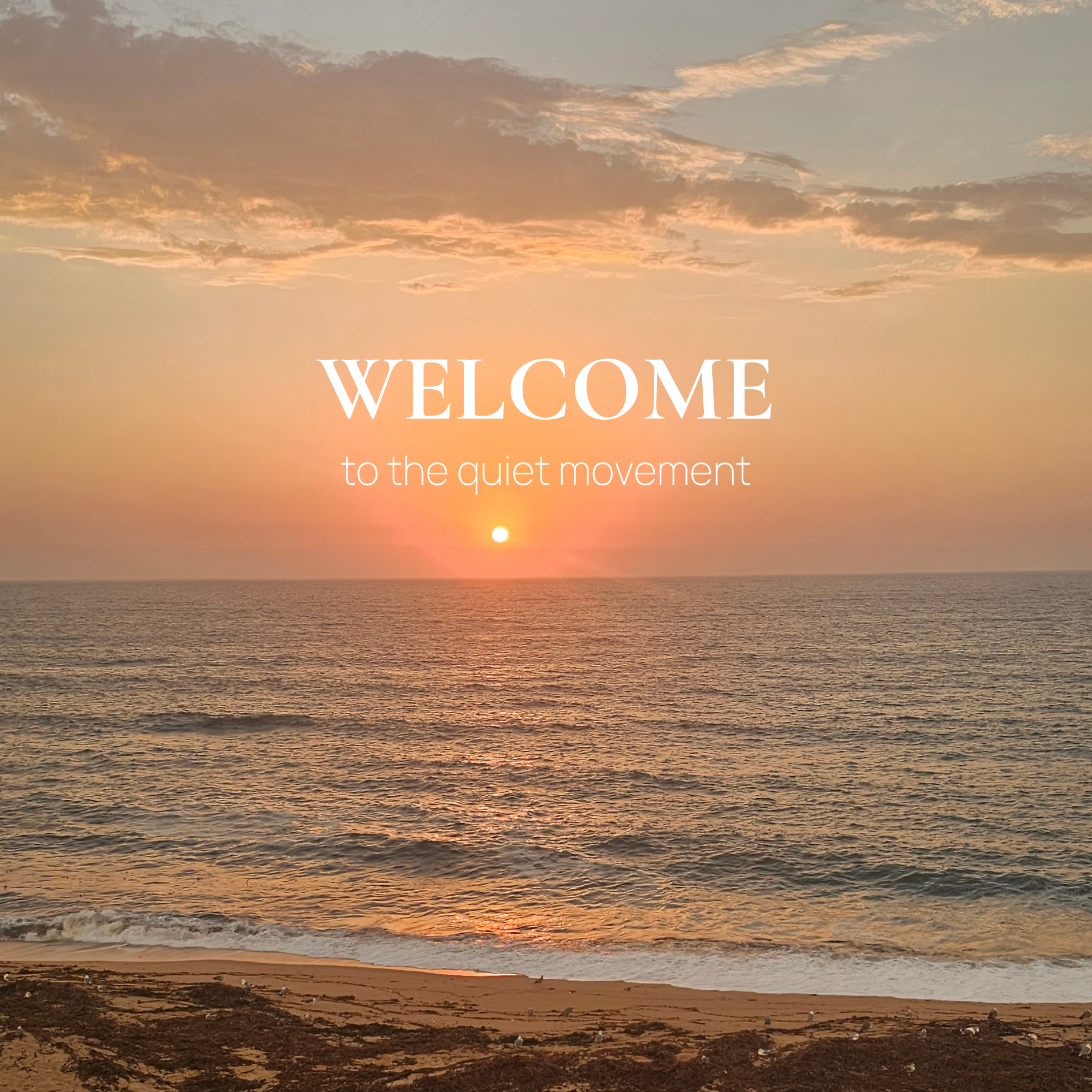 A golden sunset over a calm sea, with the words "Welcome to the quiet movement" in soft serif type.